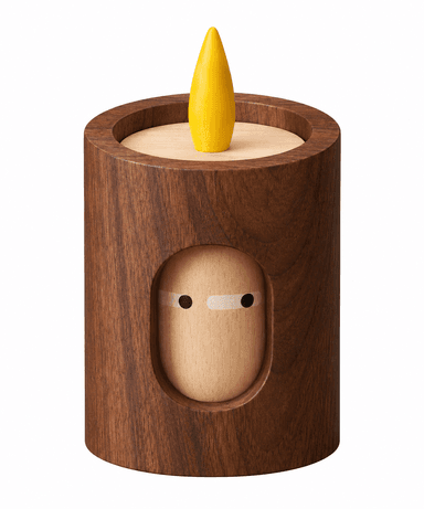 A cylindrical decorative object made primarily of wood, designed to resemble a candle. It features a bright yellow, flame-shaped element at the top, and a cut-out on the side revealing a smaller, light-toned wooden figure with simple facial features. — 3D model