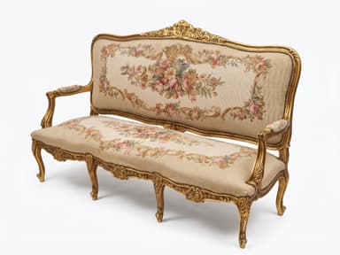 An ornate, antique-style settee in the Louis XV aesthetic, featuring an intricately carved giltwood frame and rich floral needlepoint upholstery. The frame showcases characteristic Rococo elements such as scrolling motifs, shell details, and acanthus leaves, all finished in a radiant gold. The backrest and seat are upholstered with a fine needlepoint fabric displaying a detailed floral pattern in various colors on a light, likely cream or beige, background. The armrests are partially upholstered, and the settee stands on elegant cabriole legs. — 3D model