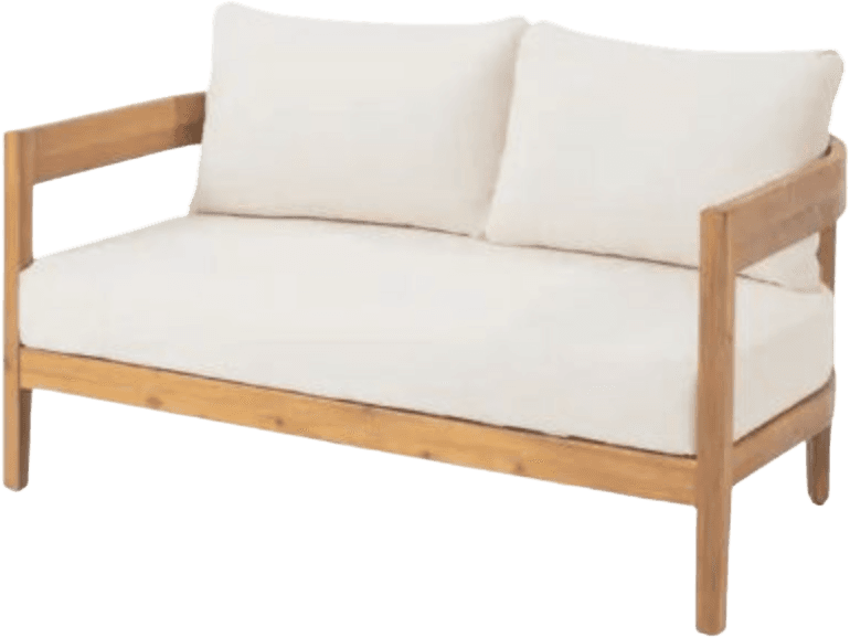 A two-seater sofa with a wooden frame and white cushions. The frame appears to be made of natural wood with visible grain. It has clean lines and a modern, minimalist design, suitable for outdoor or indoor use. The backrest and seat are upholstered with removable white cushions. — 3D model