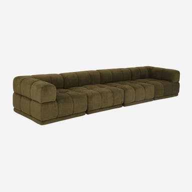 A long, modular sectional sofa featuring a deeply tufted design, upholstered in a textured, dark olive green fabric. It is composed of multiple square-shaped units, including corner pieces that form an L-shape at one end. The sofa has a low-profile, chunky aesthetic. — 3D model