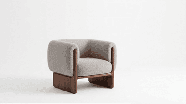 A contemporary armchair featuring a rounded, plush silhouette with light gray textured upholstery and an exposed solid dark wood frame forming the base and armrest accents. The chair has a minimalist yet inviting design. — 3D model
