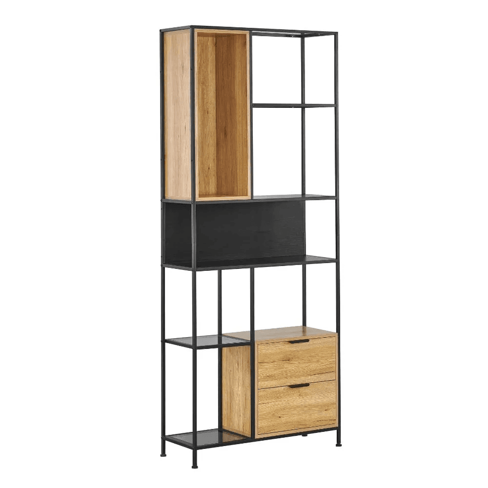 A tall, slender etagere bookcase featuring an open black metal frame. It incorporates a variety of storage elements including open shelves, a tall open wooden box, a closed black rectangular compartment, and a lower section with two natural wood drawers. The shelves appear to be made of either black glass or dark metal panels, complementing the black frame. The overall design emphasizes a modern industrial aesthetic. — 3D model
