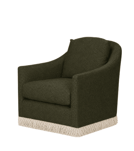 A dark green textured armchair with a rounded back and a fringed base. The armchair has wide, upholstered arms and a boxy seat. The fringed trim is light in color, possibly cream or off-white, and appears to be made of thick yarn or cording. — 3D model