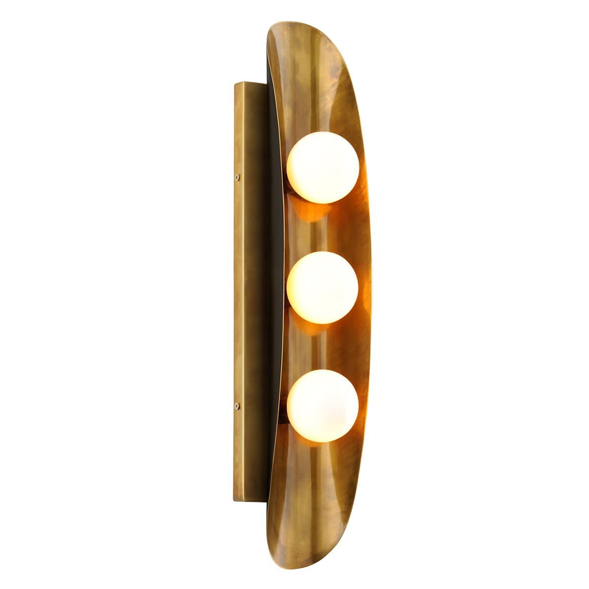A vertical wall-mounted lighting fixture, characterized by an elongated, organically curved brass body that houses three spherical opal glass light diffusers. The brass has a warm, polished finish, and the diffusers emit a soft, even light. The design is sleek and sculptural, suggesting a contemporary or mid-century modern aesthetic. — 3D model