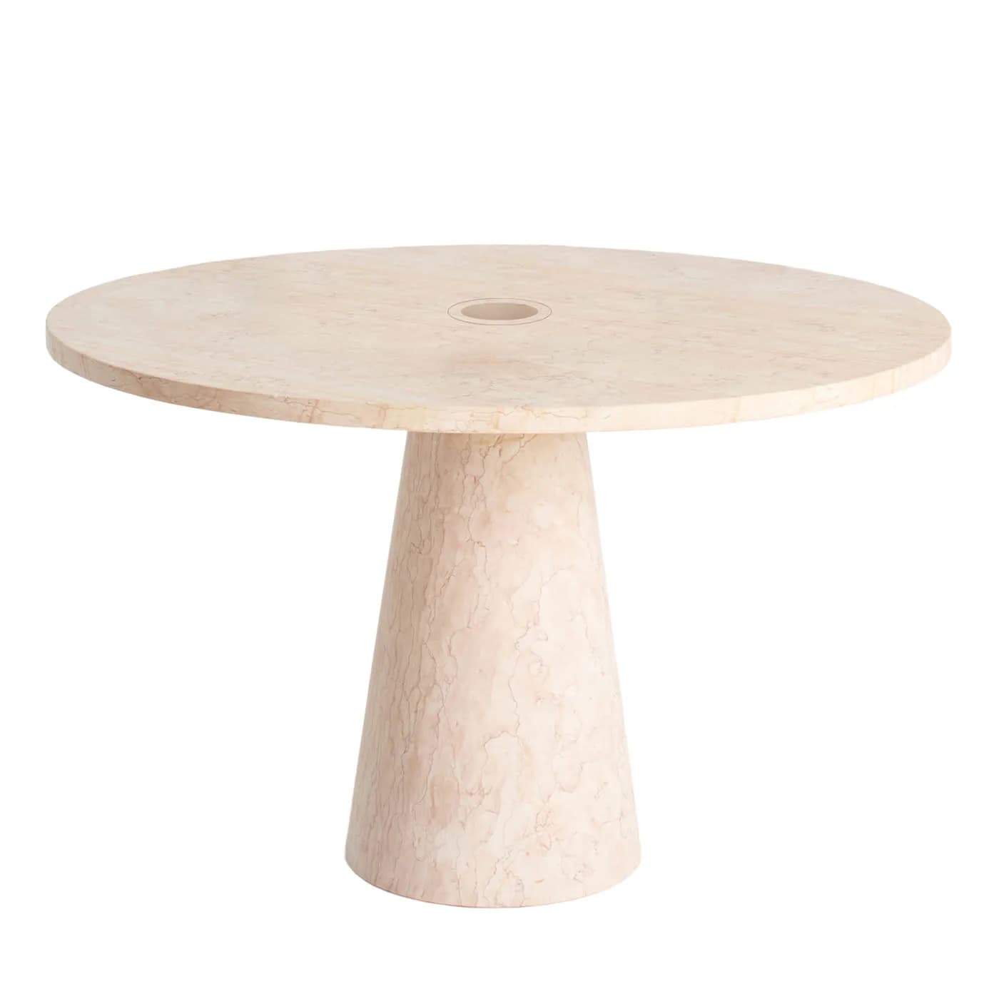 A round dining table with a pedestal base. The tabletop is flat with a central circular recess. The base is conical, tapering from the tabletop to a wider circular foot. — 3D model