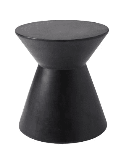 A dark grey, hourglass-shaped end table with a smooth, matte finish. The table has a flat circular top and a similarly flat circular base, with the body tapering inwards towards the middle and then outwards again to connect the top and base. Its form is reminiscent of a spool or a classical urn. — 3D model