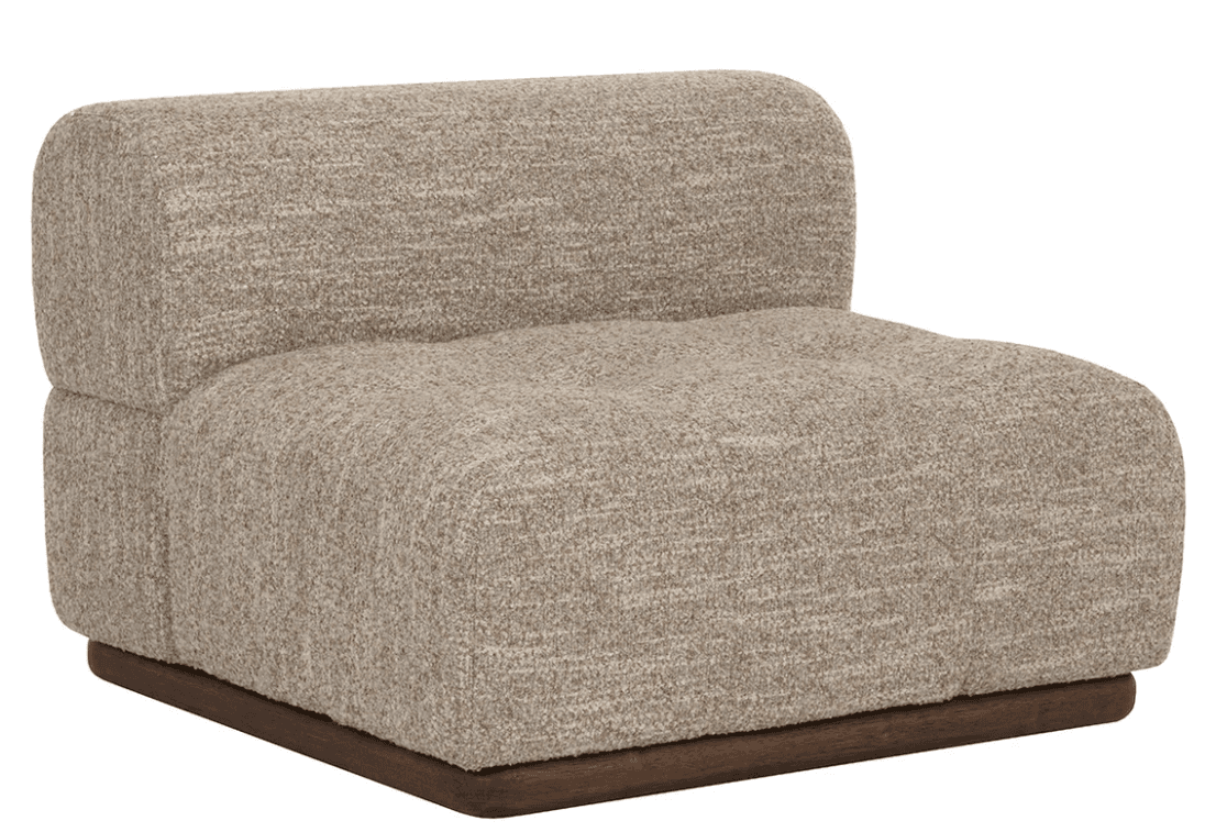An armless, low-back modular seating unit upholstered in a textured light brown or beige fabric, featuring soft, rounded edges and resting on a dark wood plinth base. The seat and back are a single, continuous, plush form designed for comfort. — 3D model