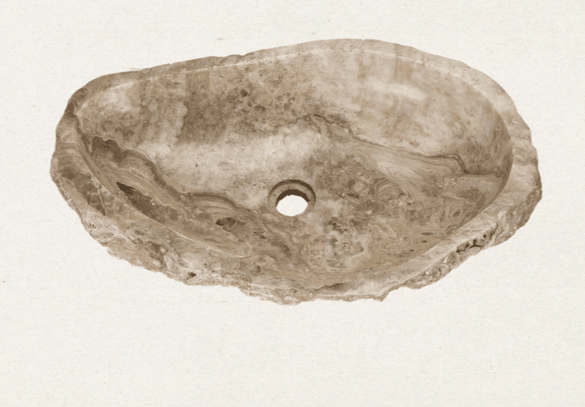 A unique vessel sink carved from a single piece of natural stone, likely travertine or onyx, featuring irregular, organic edges that mimic its raw geological form. The interior basin is smoothly polished to a functional finish, showcasing the material's intricate veining and banding in earthy tones of beige, cream, and brown. A central drain hole is present at the bottom of the basin, designed for standard plumbing. The exterior retains a rough, natural texture, highlighting the stone's origin and natural beauty. This sink is designed to sit atop a vanity or countertop, creating a focal point with its artisanal and natural aesthetic. — 3D model