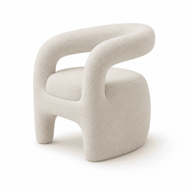A modern, fully upholstered lounge chair featuring a rounded, sculptural form and covered in a textured, off-white boucle fabric. The arms and backrest flow seamlessly, and the short, integrated legs maintain the chair's soft, curvilinear aesthetic. — 3D model