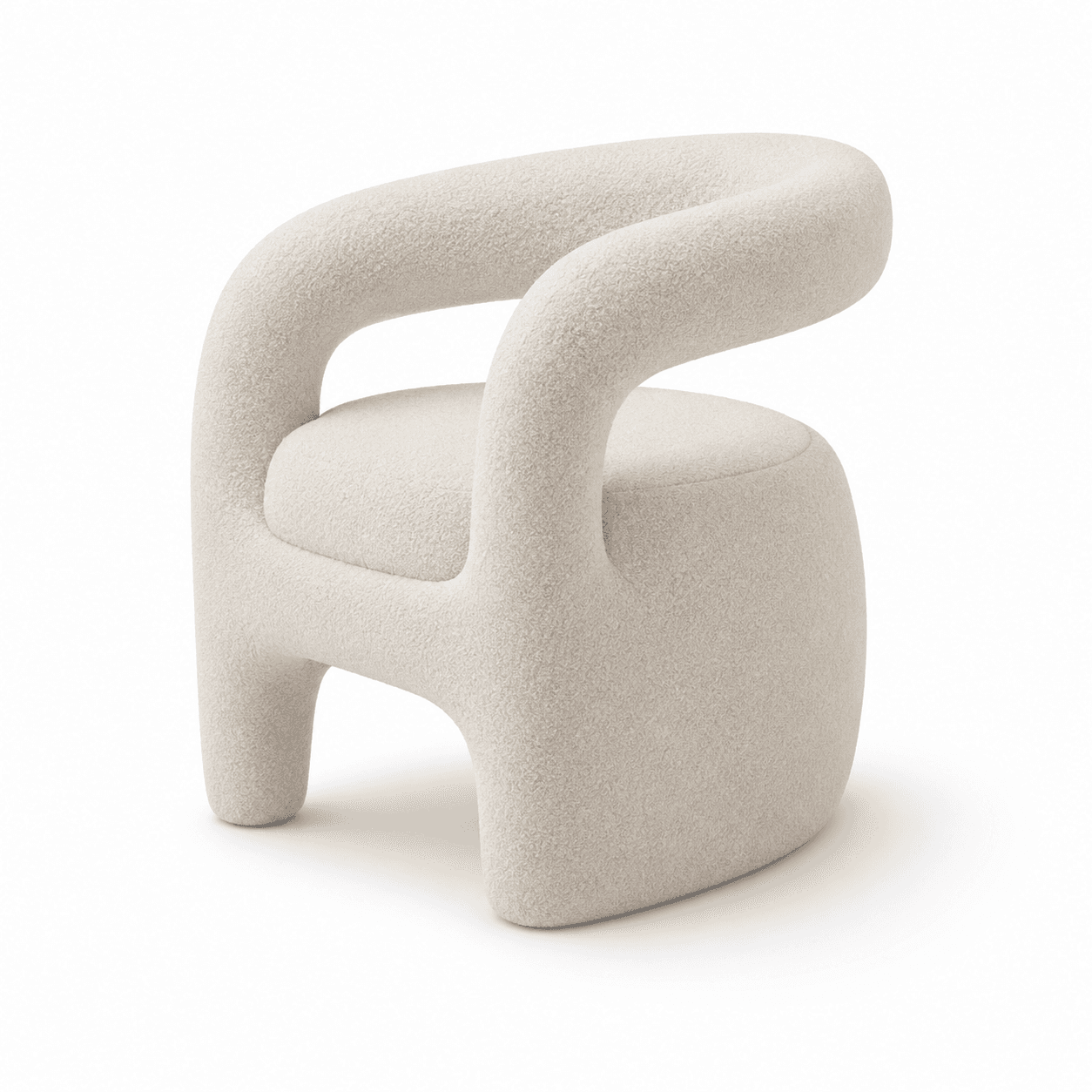 A modern, fully upholstered lounge chair featuring a rounded, sculptural form and covered in a textured, off-white boucle fabric. The arms and backrest flow seamlessly, and the short, integrated legs maintain the chair's soft, curvilinear aesthetic. — 3D model