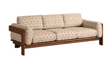 A single-seater armchair with a wooden frame and upholstered seating and backrest. The upholstery features a geometric pattern in neutral tones. The wooden frame has clean lines and a smooth finish. — 3D model