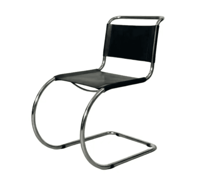 A modern cantilever dining chair featuring a tubular chrome frame and black sling seat and back. The frame forms a continuous, armless loop, characteristic of Bauhaus design. — 3D model