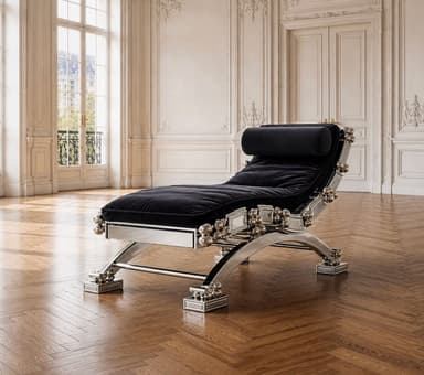 A luxurious and modern chaise lounge featuring a highly polished chrome or silver-toned metal frame with a black velvet upholstered body. The frame is intricately designed with decorative spherical accents and a sculptural, curvilinear base. The seating surface is tufted, and there is an integrated cylindrical headrest. The overall aesthetic is one of modern glamor and opulence. — 3D model