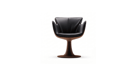 A modern lounge chair featuring a dark wood shell and black leather upholstery, supported by a sculptural pedestal base. — 3D model