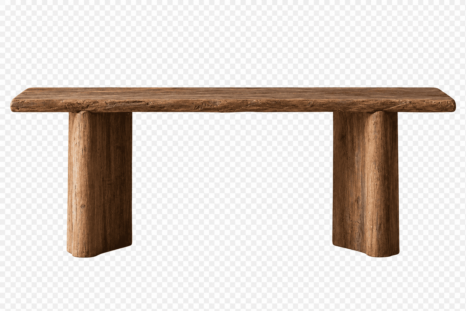 A rustic console table constructed from thick, solid wood slabs with a distressed, dark brown finish. — 3D model
