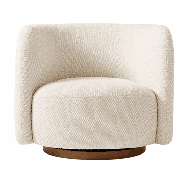 A contemporary upholstered lounge chair featuring a rounded, bucket-style silhouette, off-white bouclé fabric, and a dark wooden swivel base. — 3D model