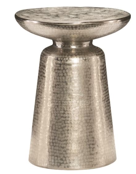 A metallic accent table with a cylindrical, tapered base and a dished circular top. The entire surface features a hammered or textured finish, giving it a tactile and reflective quality. — 3D model
