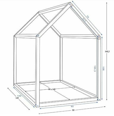 A minimalist house-shaped bed frame made from light-colored wood, featuring an open skeletal design for a child's bedroom. — 3D model