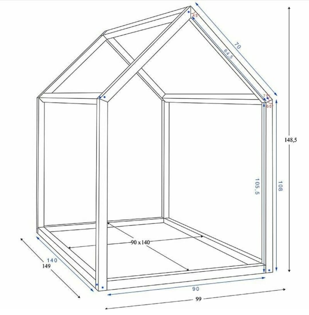 A minimalist house-shaped bed frame made from light-colored wood, featuring an open skeletal design for a child's bedroom. — 3D model