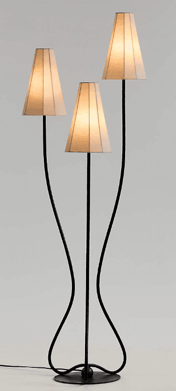 A modern floor lamp with a black metal base and three adjustable arms. Each arm supports a conical fabric lampshade in a light cream color. The base is circular and weighted, providing stability. The arms have a sinuous, curved design that gives the lamp an artistic silhouette. — 3D model