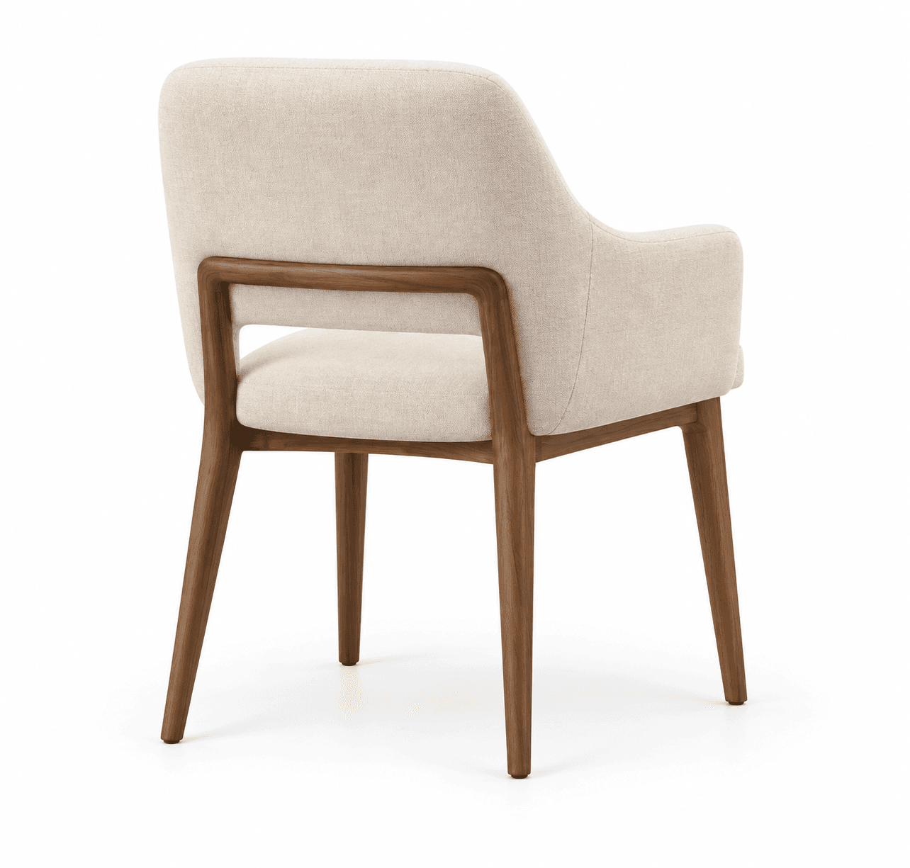 A contemporary armchair featuring an exposed dark wood frame that forms the legs, back support, and integrated armrests. The seat and backrest are upholstered in a light beige, textured fabric, providing a neutral and comfortable appearance. The wooden elements have a smooth, rounded finish, and the legs are tapered. — 3D model