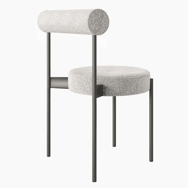 A modern upholstered chair with a cylindrical backrest and a circular seat. The chair features a dark metal frame with thin legs. The upholstery is a textured, light-colored fabric. — 3D model