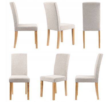 A contemporary dining chair featuring a fully upholstered seat and backrest in a light beige, textured fabric. The chair stands on four solid wooden legs that taper slightly towards the bottom. The backrest is tall and gently curved, providing support, while the seat is a standard rectangular shape. The overall design is clean and minimalist. — 3D model