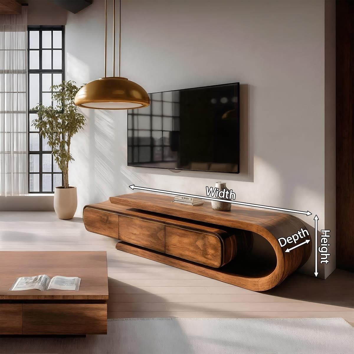 A low-profile wooden coffee table featuring a distinctive curved, cantilevered design with two integrated storage drawers. The wood exhibits a rich, dark tone and visible grain. — 3D model