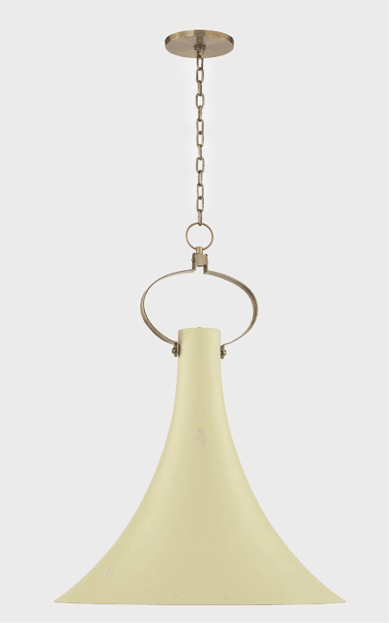 A contemporary pendant light featuring a wide, bell-shaped shade suspended by a brass chain and ring mechanism. The shade is a smooth, matte cream color, contrasting with the metallic brass elements of the suspension system, which includes a ceiling canopy, a linked chain, and a distinctive circular ring detail that connects to the top of the shade. The design is sleek and minimalist. — 3D model