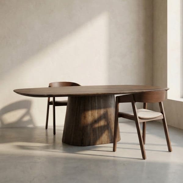A modern dining or conference table featuring a dark walnut wood finish and a single, substantial pedestal base. The tabletop is elongated with rounded edges. — 3D model