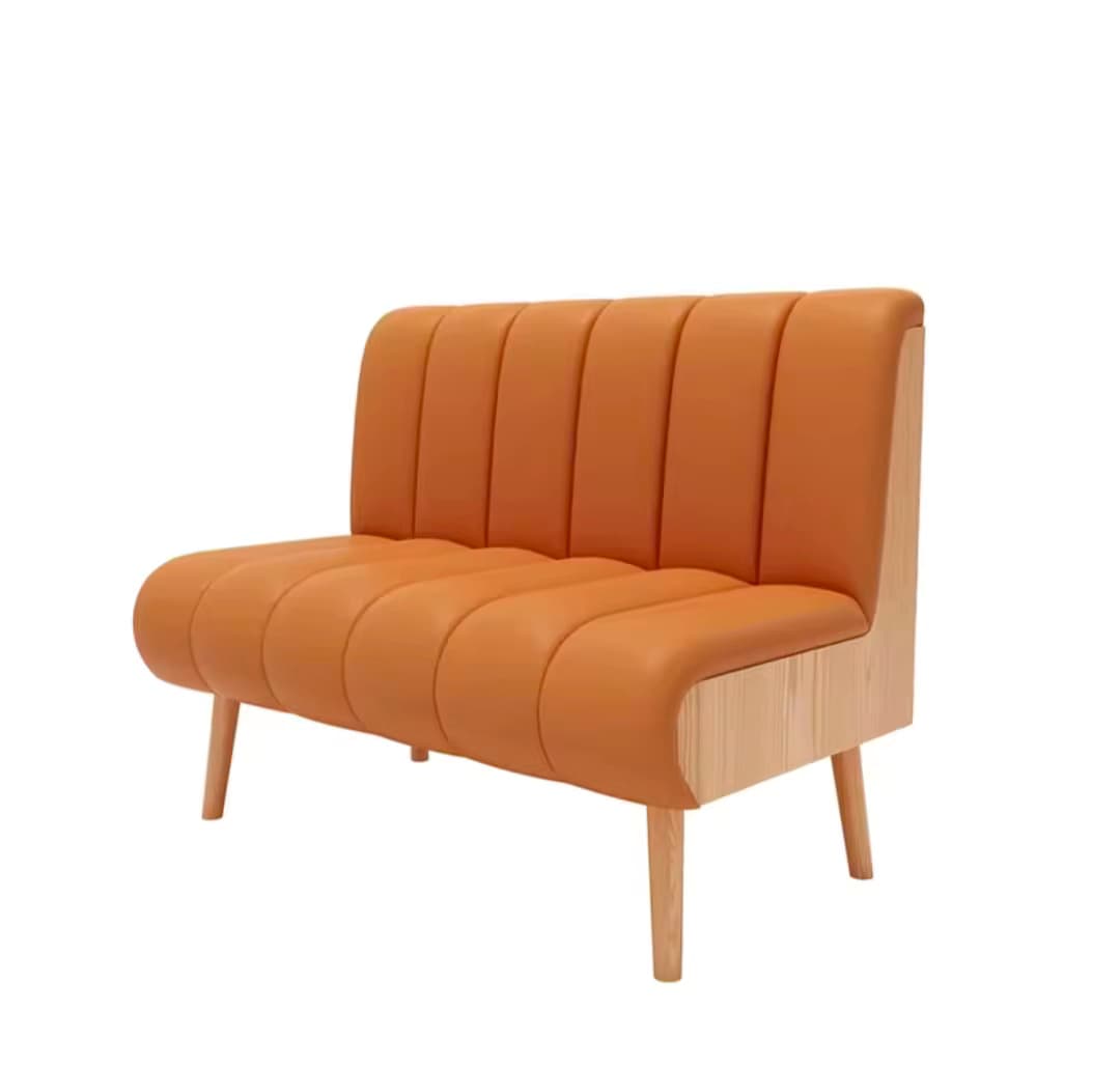 A compact two-seater loveseat featuring a channel-tufted backrest and seat, upholstered in a warm orange-brown faux leather. It is supported by a light-colored wooden base and four tapered legs, with the upholstered elements smoothly integrating into the wooden side panels. — 3D model