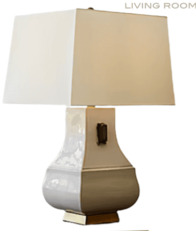 A decorative table lamp with a square, off-white lampshade and a ceramic base. The base has a distinctive curved silhouette, widening at the bottom and tapering towards the top, with a glossy finish. It features a metallic accent on the side. The base is supported by a rectangular metallic base. — 3D model