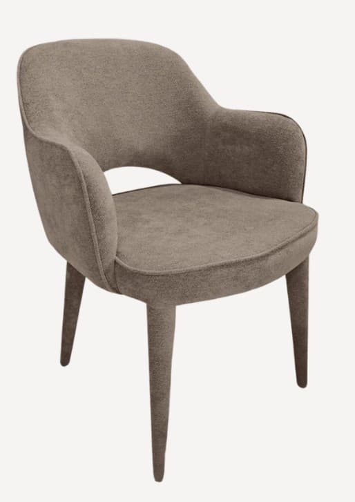 A taupe upholstered armchair with a curved backrest and integrated armrests. The chair features a rounded seat cushion and four tapered legs. The upholstery has a textured finish. — 3D model