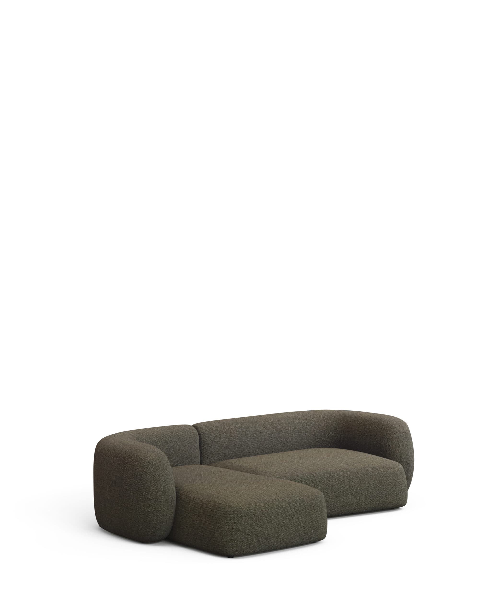 A sectional sofa with rounded edges and a chaise lounge extension. The sofa is upholstered in a textured, dark greenish-brown fabric. It features a low profile and appears to be designed with modern aesthetics. — 3D model