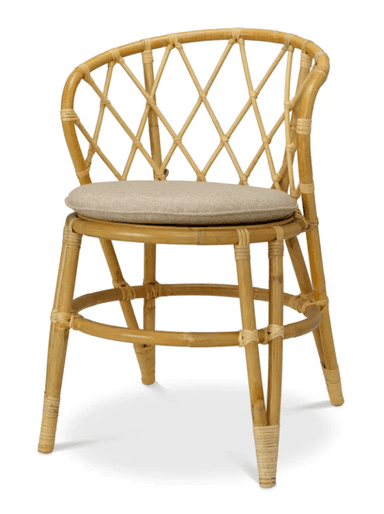 A light-colored bamboo bar stool with a woven backrest and a padded seat. The stool features four legs connected by a circular footrest. The bamboo structure is bound with natural twine at various joints and decorative elements. — 3D model