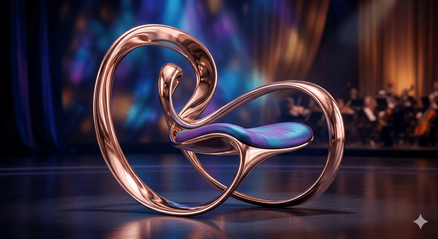 A contemporary accent chair with a sculptural, fluid design. The base is a continuous, swirling loop with a metallic rose gold finish. The seat appears to be a separate, organically shaped element with a textured, iridescent surface in shades of blue and purple. — 3D model