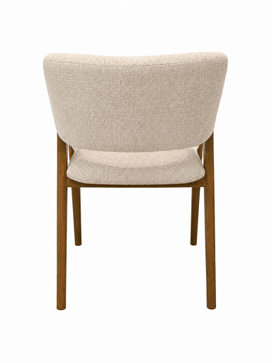 An upholstered armchair in a mid-century modern style, featuring a curved back and seat, light-colored textured fabric, and an exposed wooden frame with integrated armrests and tapered legs. — 3D model