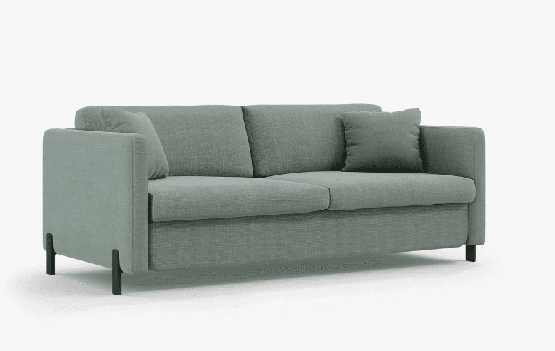 A modern two-seater sofa upholstered in a light sage green textured fabric. It features clean lines, track arms, and two large, detachable seat cushions. The back consists of two loose cushions, and it includes two smaller accent pillows. The sofa is supported by four slim, black metal legs that are slightly splayed. — 3D model
