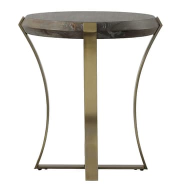 A round accent table featuring a distressed, textured wood top and a sculptural brass-toned metal base composed of a central vertical support and two opposing curved legs. — 3D model