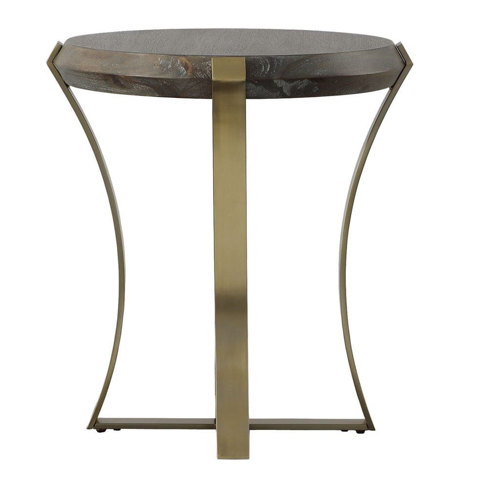 A round accent table featuring a distressed, textured wood top and a sculptural brass-toned metal base composed of a central vertical support and two opposing curved legs. — 3D model