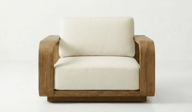 A modern armchair with a distinctive rounded wooden frame and upholstered seat and back cushions. The armchair features a low profile and wide arms with a smooth, curved finish. The base is a solid wooden platform that supports the entire structure. — 3D model