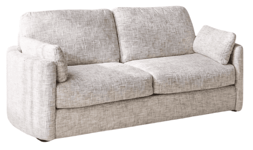An upholstered two-seater sofa, or loveseat, covered in a light grey, textured woven fabric. It features two loose back cushions, two loose seat cushions, and integrated rounded track arms. A small cylindrical accent pillow rests on one side. The sofa is supported by a recessed plinth base. — 3D model