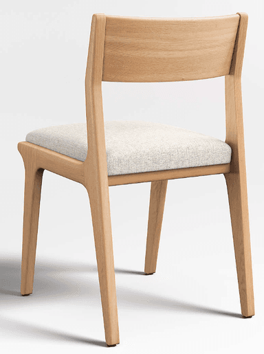 This is a modern dining chair crafted from light-colored wood, likely oak or ash, featuring a minimalist design. The chair has a gently curved backrest that is integrated into the frame and a square, upholstered seat in a light beige or off-white fabric. The legs are straight and slightly tapered, extending from the seat frame. The overall aesthetic is clean and contemporary. — 3D model