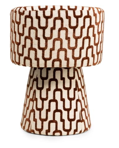 A swivel armchair upholstered in a fabric with a repeating geometric pattern. The armchair features a curved back and armrests that flow into a pedestal base. The base is conical in shape and tapers towards the bottom. The upholstery is a textured fabric with a cream background and a dark brown interlocking chain-link pattern. — 3D model