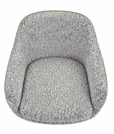 A modern lounge chair featuring a broad, rounded back and seat, upholstered in a distinctive black, white, and gray speckled or abstract patterned fabric. The exterior of the chair's shell is a contrasting warm brown, possibly leather or faux leather, which frames the upholstered sections. It sits on a black multi-leg star-shaped swivel base with a silver central shaft, providing stability and rotational movement. — 3D model