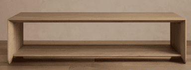 A minimalist, rectangular coffee table crafted from light-toned wood, featuring a continuous waterfall edge design for the top and side panels. It includes an integrated lower shelf, providing additional storage or display space. The design emphasizes clean lines and a contemporary aesthetic. — 3D model