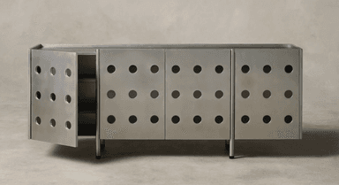 A modern cabinet with a brushed metal finish, featuring a series of circular cutouts on its visible face. The design is minimalist and geometric, suggesting a contemporary or industrial aesthetic. The surface exhibits a brushed texture, and the circular openings appear to be evenly spaced. — 3D model