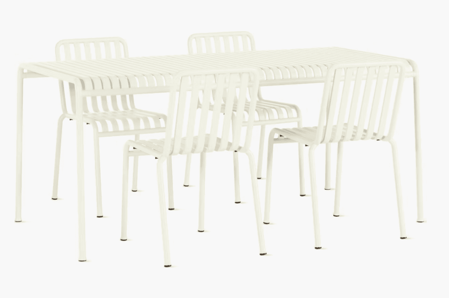 A contemporary dining set comprising a rectangular table and four chairs, all constructed with a slatted design. The table has a slatted surface and thin, straight legs. The chairs feature slatted seats and backs, with similarly styled thin, straight legs, and are positioned around the table. — 3D model