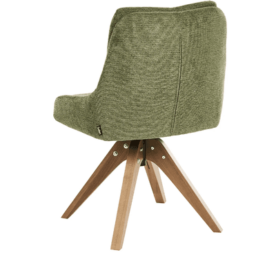 An upholstered accent chair featuring a swivel function and a splayed wooden base. The chair's bucket-style seat and backrest are covered in a textured olive green fabric, with subtle button tufting on the back. The four-legged base is constructed from light-toned wood, with each leg splaying outwards, and is connected to the seat by a black metal swivel mechanism with visible silver hardware. — 3D model