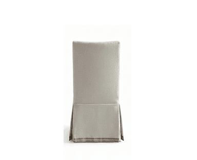 A fully upholstered dining chair featuring a removable slipcover in a light, neutral-toned fabric. The slipcover extends to the floor, forming a pleated skirt around the base, and is accented with a horizontal striped detail near the hem. The chair has a clean, somewhat tall backrest and a comfortable, cushioned seat, presenting a relaxed yet refined aesthetic. — 3D model